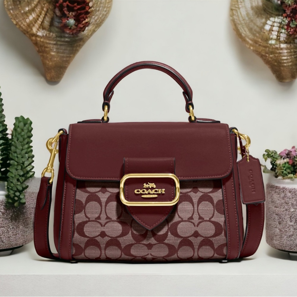 Morgan Top Handle Satchel In Signature Chambray Gold/Wine - Picture 1 of 6